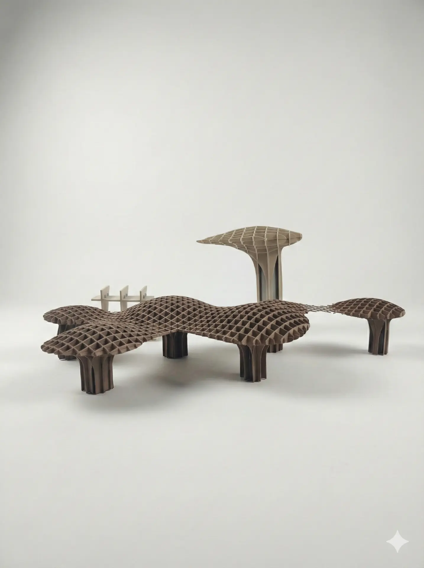 Maquette d’un auvent en résille bois à colonnes champignon, imprimée en 3D