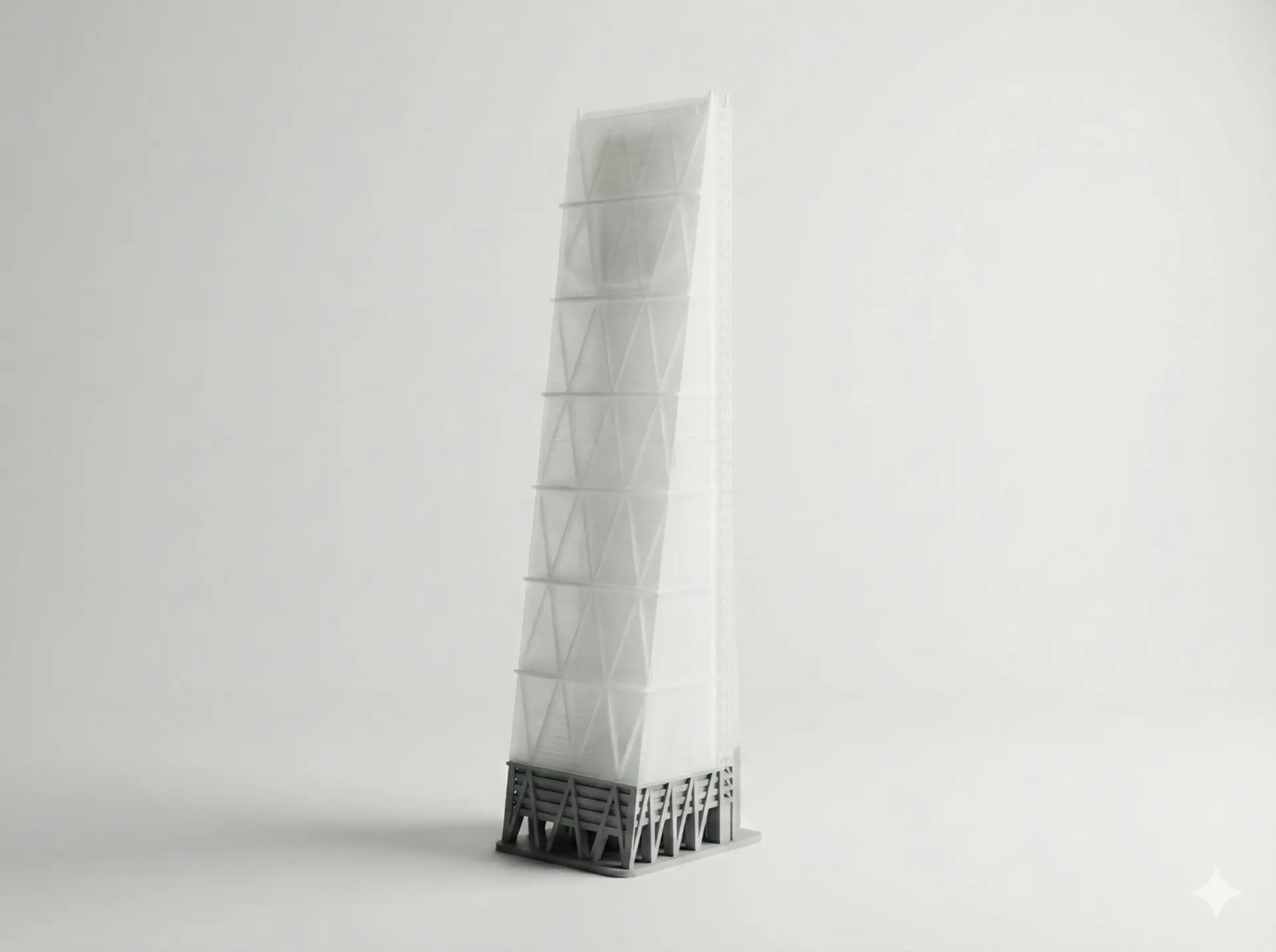 Maquette d’une tour blanche à socle sombre, imprimée en 3D