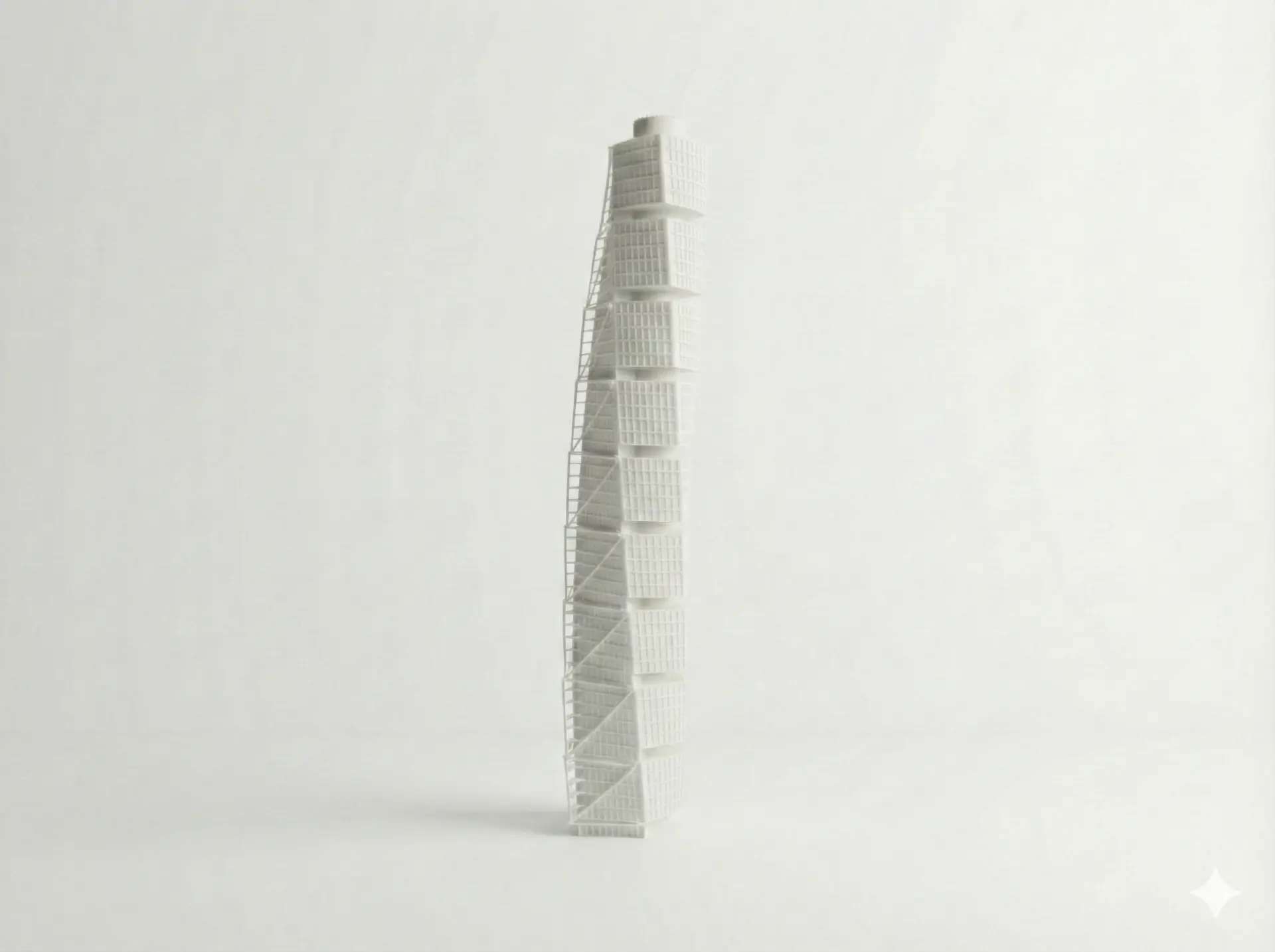 Maquette d’un gratte-ciel effilé à façade en résille, imprimée en 3D en blanc