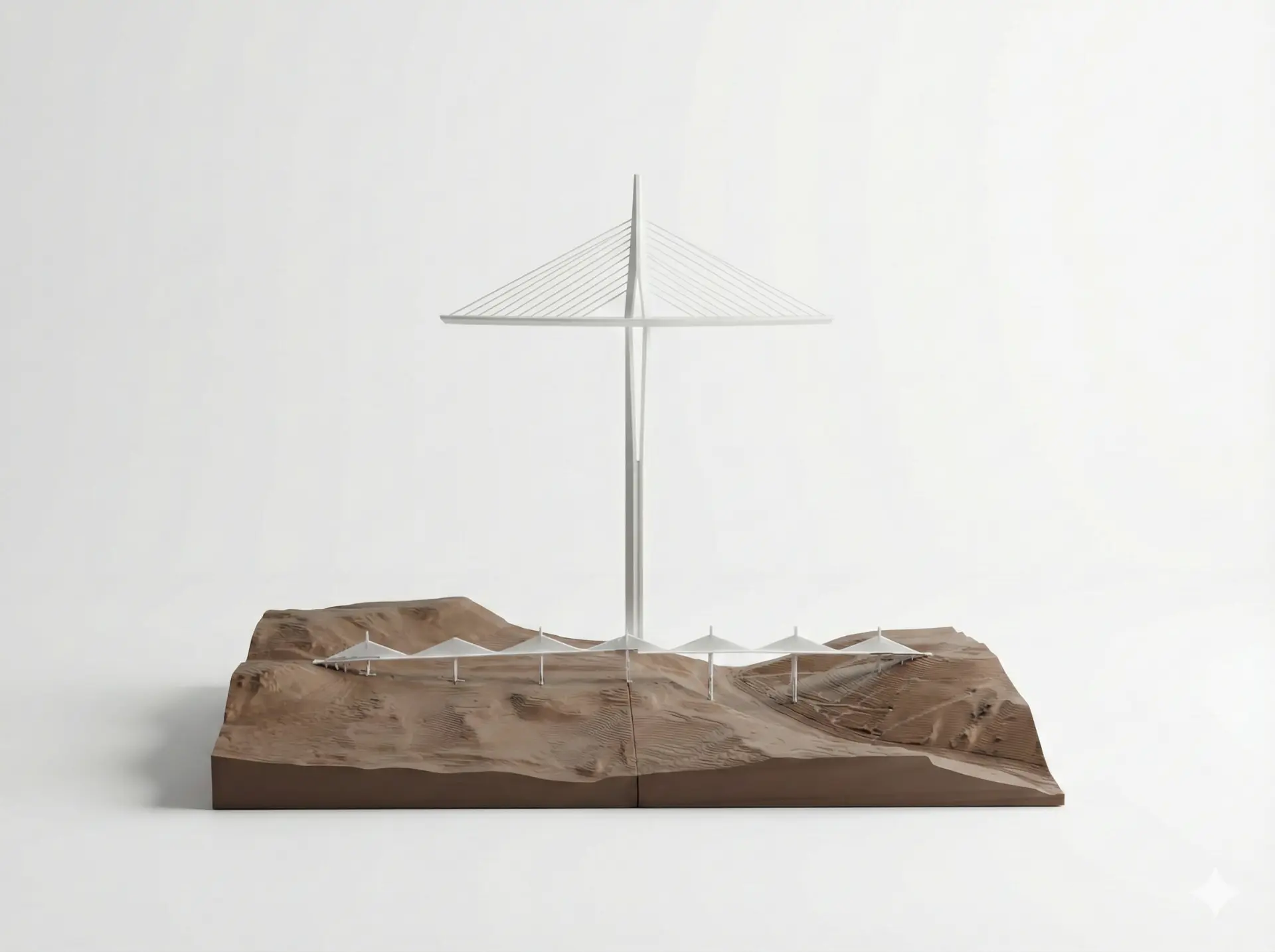 Maquette d’une toiture tendue sur mât, posée sur une base de terrain imprimée en 3D