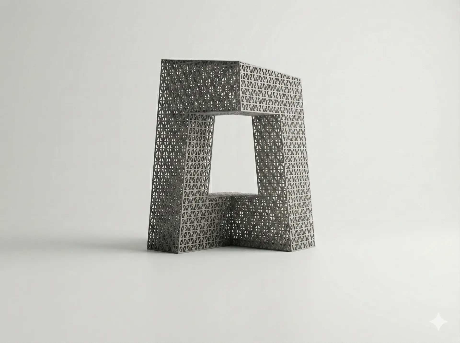 Maquette d’un pavillon en arche à résille perforée, imprimée en 3D en gris anthracite