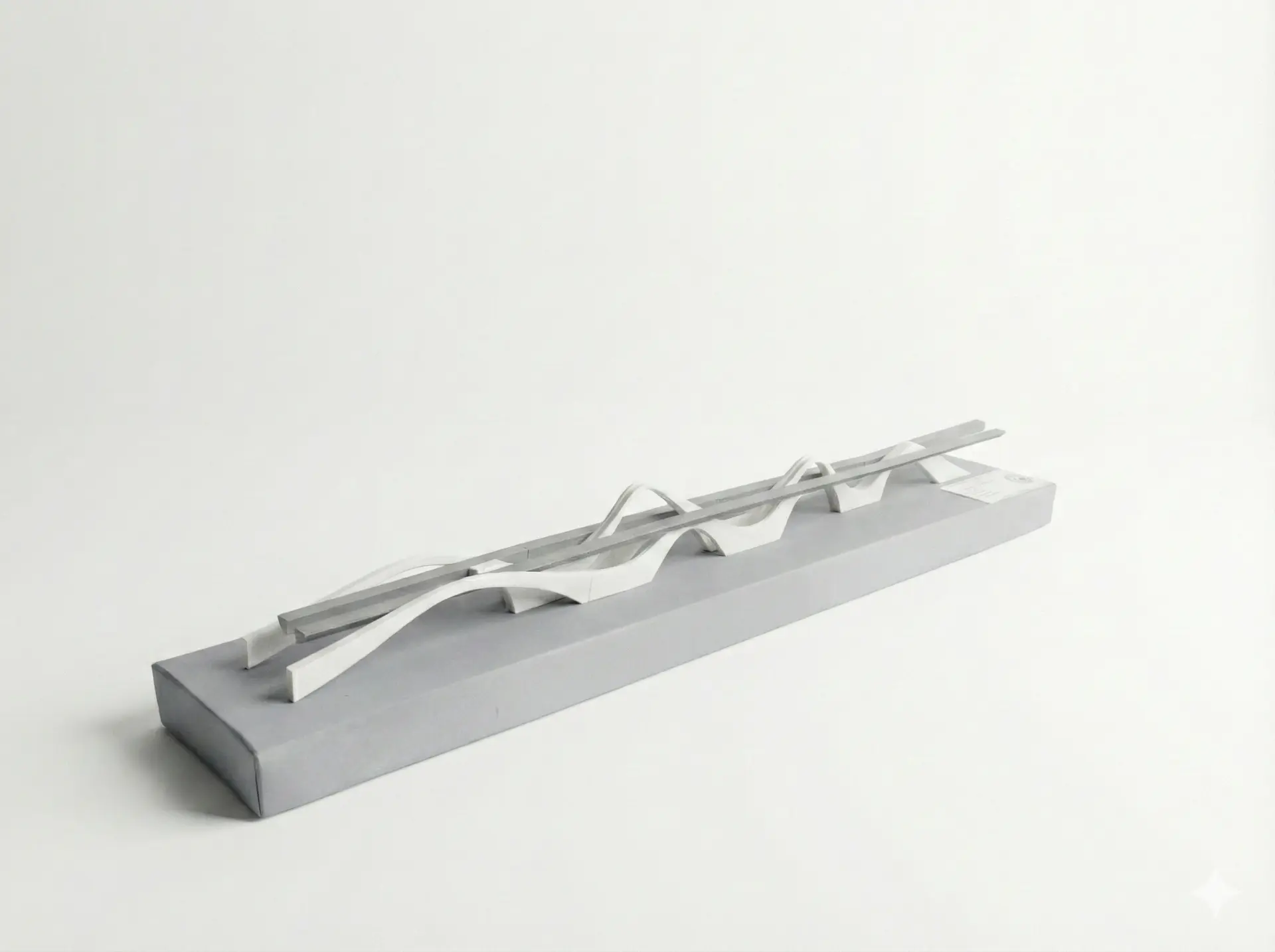 Maquette d’une longue passerelle piétonne blanche sur socle, imprimée en 3D